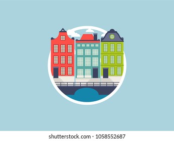 Amsterdam vector flat. Illustration or icon. Houses on the canal. 