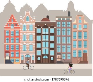 Amsterdam vector graphic cityscape. Typical dutch architecture. People on bicycles ride along the bike path.