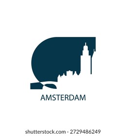 Amsterdam vector icon with skyline, panoramic view, outlook shape. Netherlands city landmarks logo concept. Flat isolated graphic, badge
