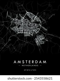 Mapa vetorial de Amsterdã em tema escuro. Mapa detalhado de Amesterdã nos Países Baixos. Melhor ilustração de vetor livre. Mapa de rua decorativo turístico.