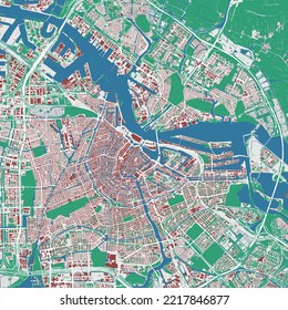 Amsterdam vector map. Detailed map of Amsterdam city administrative area. Cityscape panorama. Royalty free vector illustration. Outline map with buildings, water, forest. Tourist decorative road map.