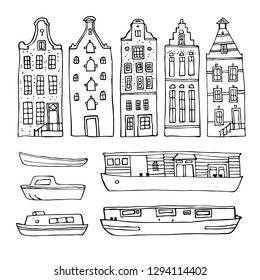 Amsterdam vector sketch hand drawn illustration. Set with outline houses and boats isolated on white background