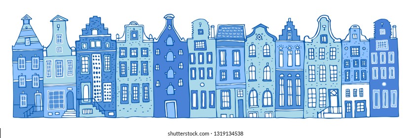 Amsterdam vector sketch hand drawn illustration. Cartoon outline houses facades in a row in colors of blue porcelain paints isolated on white background