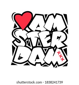 Amsterdam vector text. Cartoon style hand drawn lettering with red heart and crosses. Isolated on white background. Can be used for printing on t shirt and souvenirs. Posters, banners, cards, flyers.