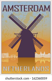 Amsterdam vintage poster in orange and blue textured background with skyline in white