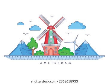 Amsterdam windmill of flat vector style, cityscape Amsterdam with  famous landmark icon isolated vector illustration