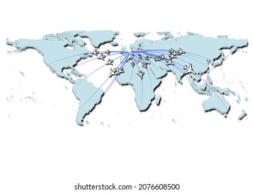 Amsterdam-Netherlands in concept vector illustration, map showing flights from Amsterdam-Netherlands to major cities around the world.