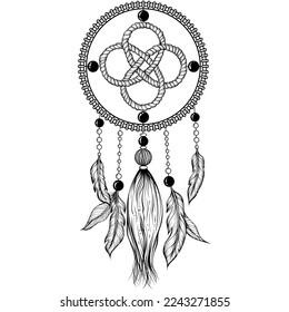 Amulet of the Dream catcher with feathers and celtic rope knot. Vector illustrations in hand drawn sketch doodle style isolated on white. Ethnic tribal illustration, traditional symbol