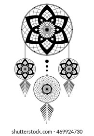 amulet of the Dream catcher from the four round elements and feathers on a white background