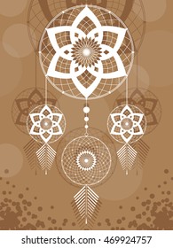 amulet of the Dream catcher from the three round elements and feathers on a brown background