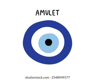 Amuleto do ícone isolado do olho do mal. Tradicional amuleto azul. Inscrição amuleto ou sinal de amuleto do olho do mal. Ilustração vetorial