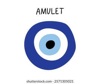 Amulet from the evil eye isolated icon. Traditional blue amulet. Inscription amulet or amulet sign from the evil eye. Vector illustration