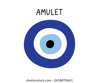 Amulet from the evil eye isolated icon. Traditional blue amulet. Inscription amulet or amulet sign from the evil eye. Vector illustration