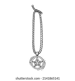 Amulet With A Five-pointed Star Sketch. Symbol Of The Occult Line Art. Pendant Star On A Rope. Witch Pentagram. Magic Sign Of Esotericism. Hand Drawn Vector Illustration. Mystical Doodle Element.