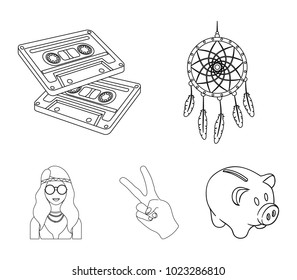 Amulet, hippie girl, freedom sign, old cassette.Hippy set collection icons in outline style vector symbol stock illustration web.