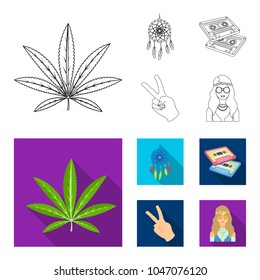 Amulet, hippie girl, freedom sign, old cassette.Hippy set collection icons in outline,flat style vector symbol stock illustration web.