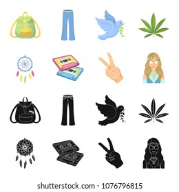 Amulet, hippie girl, freedom sign, old cassette.Hippy set collection icons in black,cartoon style vector symbol stock illustration web.