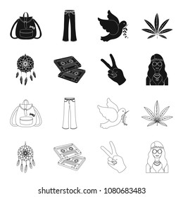 Amulet, hippie girl, freedom sign, old cassette.Hippy set collection icons in black,outline style vector symbol stock illustration web.
