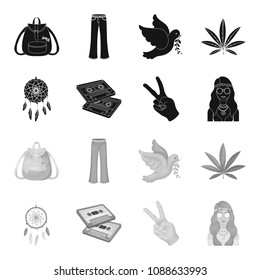 Amulet, hippie girl, freedom sign, old cassette.Hippy set collection icons in black,monochrome style vector symbol stock illustration web.