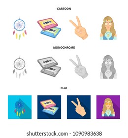 Amulet, hippie girl, freedom sign, old cassette.Hippy set collection icons in cartoon,flat,monochrome style vector symbol stock illustration web.