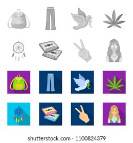 Amulet, hippie girl, freedom sign, old cassette.Hippy set collection icons in monochrome,flat style vector symbol stock illustration web.