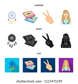 Amulet, hippie girl, freedom sign, old cassette.Hippy set collection icons in cartoon,black,flat style vector symbol stock illustration web.