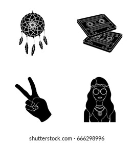Amulet, hippie girl, freedom sign, old cassette.Hippy set collection icons in black style vector symbol stock illustration web.