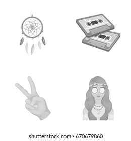 Amulet, hippie girl, freedom sign, old cassette.Hippy set collection icons in monochrome style vector symbol stock illustration web.