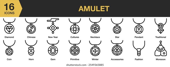 Amulet icon set. Includes amulet, diamond, horn, coin, star, necklace, winter, and More. Outline icons vector collection.