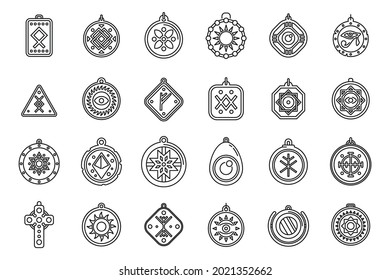 Amulet icons set outline vector. China coin. Chine and arabic culture