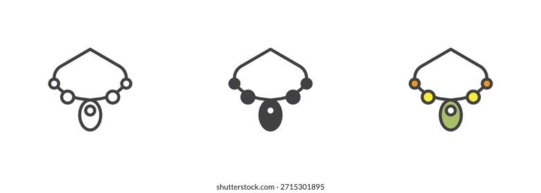 Amuleto colar ícone conjunto caracterizando linha, sólida e preenchido esboço colorido estilos. Sinal de vetor de charme espiritual e ícone de símbolo, ilustração de cor de crenças pré-históricas.