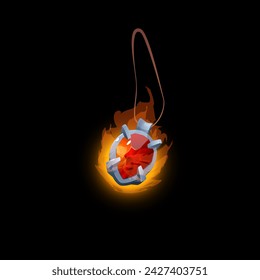 Amuleto en la cuerda con la gema roja y el fuego estilo plano, ilustración vectorial aislado sobre fondo negro. Elemento de diseño decorativo, activo mágico, GUI de juego en línea e interfaz
