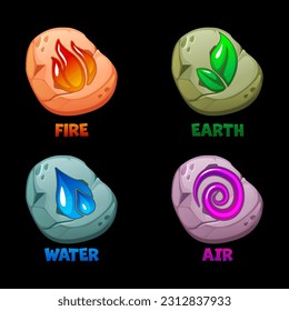 Amulets Stones-Air, Agua, Fuego, Tierra. Resumen Viento, Aire, Fuego, Agua, Diseño de símbolo de tierra sobre piedras para el concepto de juego o aplicación. Para elemento de juego de interfaz de usuario