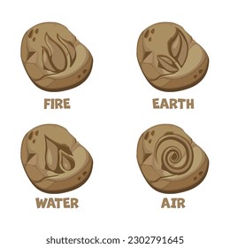 Amulets Stones-Air ,Water, Fire, Earth.Abstract Wind, Air, fire, water, earth symbol design on stones for game or app concept.