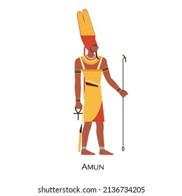 Amun, Ancient Egypts Creator God. Old Egyptian Deity From History, Mythology. Amon-Ra, Religious Historical Character With Plumes Headwear. Flat Vector Illustration Isolated On White Background