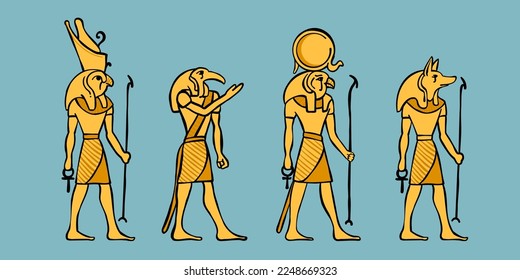 Amun Ra, Anubis, and Set engraving style vector illustration. Ancient Egypt's gods set. Vintage hand drawn emblem. Perfect for premium identity, travel agency posters, African packaging.