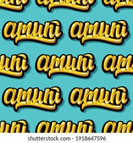 Amuni - Lets go in sicilian. Abstract decorative seamless pattern with handwritten phrase in graffiti style. Bright yellow words on cyan background. Endless ornament for wallpaper, wrapping or fabric