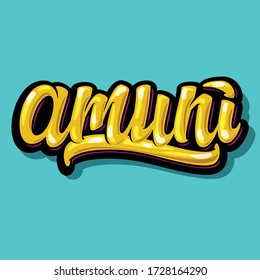 Amuni - Lets go in sicilian dialect of italian. Handdrawn lettering. Bright golden text on blue background. Vector quote can be used as a print on t-shirts and bags, stationary or as a poster.