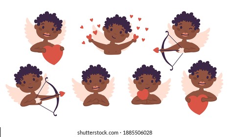 Amur African American baby angel set. Cute funny cupid little god eros greece kids in different poses. Valentine angel collection with heart, cupid love amur