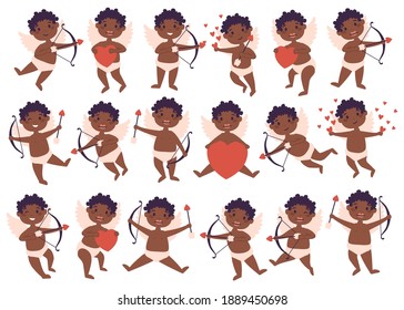 Amur African American baby angel big bundle set. Cute funny cupid little god eros Greece kids in different poses. Valentine angel collection with heart, cupid love amur