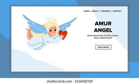 Amur Angel Girl Child Flying With Heart Vector. Amur Angel Cute Schoolgirl With Wings And Halo Giving Love. Character Cupid Baby, Valentine Day Celebrating Web Flat Cartoon Illustration