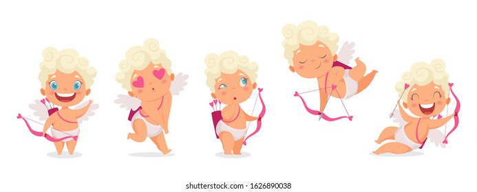 Amur babies. Funny cupid, little angels or god eros. Cute Greece kids with bow, heart hunters romantic vector characters