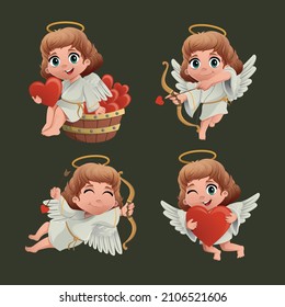 Amur babies. Funny cupid, little valentine angels or god eros. Cute Greece kids with bow, heart hunters romantic vector characters