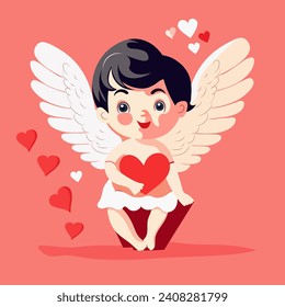 Amur babies. Funny cupid, little angels or god eros. Cute Greece kids with bow, heart hunters romantic vector characters