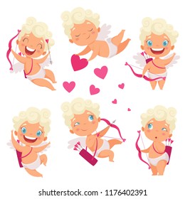 Amur baby angel. Cute funny cupid little god eros greece kids with bow heart hunters romantic vector pictures. Valentine angel with heart, cupid love amur illustration