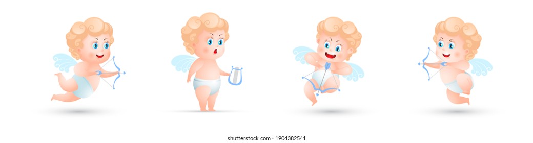 Amur baby angel. Cute funny cupid little god eros Greece kids in different poses. Valentine angel collection. 