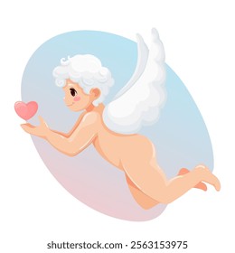Amur baby angel with heart. Funny adorable cupid character. Valentines day concept design. Happy Valentine s Day character for greeting cards, banners, and web design.