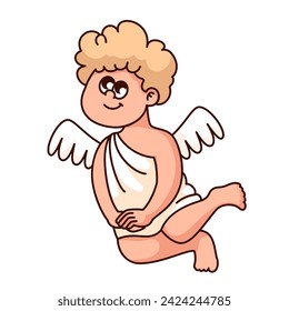 ---------------------------
Amur baby, funny cupid. Groovy cartoon character of little blonde angel flying. Funny sticker cupid mascot of Valentine's Day, vector illustration
-------