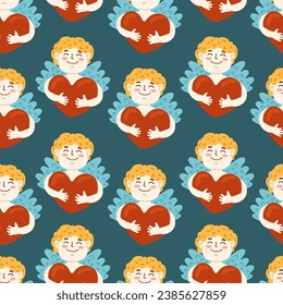 Amur baby with heart, love bow and arrow vector seamless pattern. Funny cupid, little angel Valentine's Day Romantic texture background