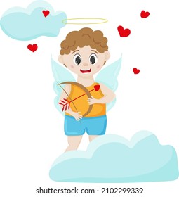 The Amur child. Funny cupid, little angel. Cute boy with a bow, heart hunter, romantic vector character